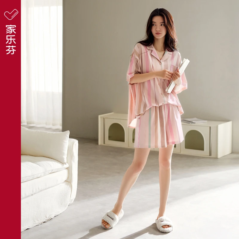 家乐芬睡衣女士夏季夏天短袖短裤莫代尔家居服甜美温柔风套装大码