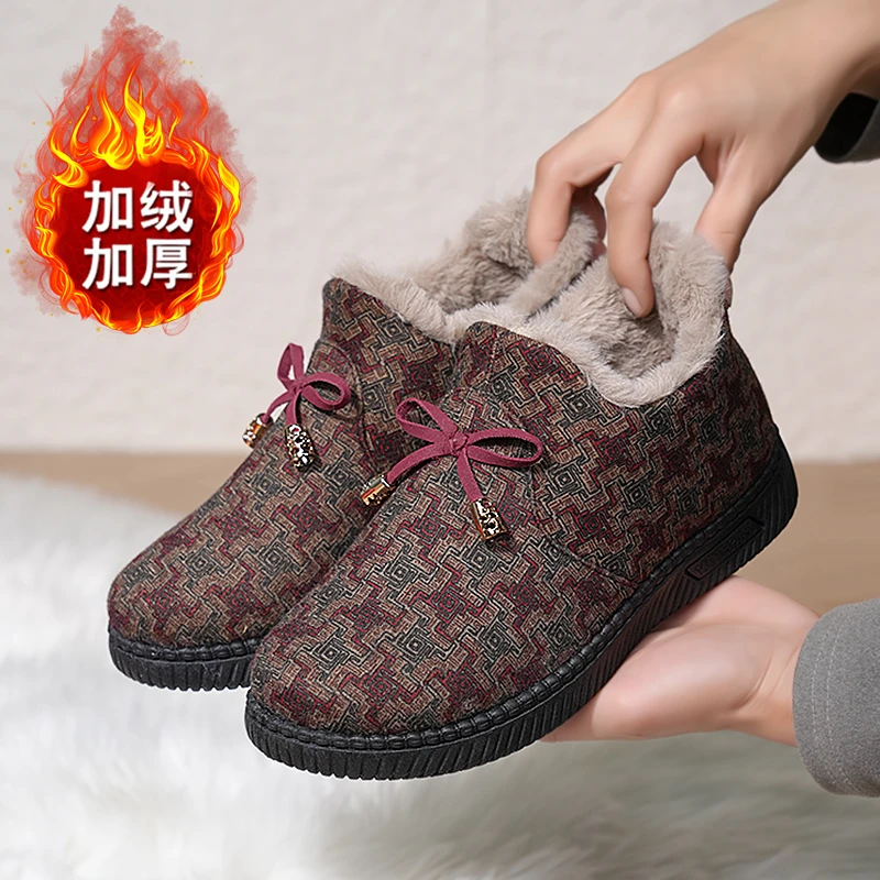 冬季女老北京棉鞋妈妈鞋一脚蹬防滑加绒加厚加绒保暖老人奶奶短靴