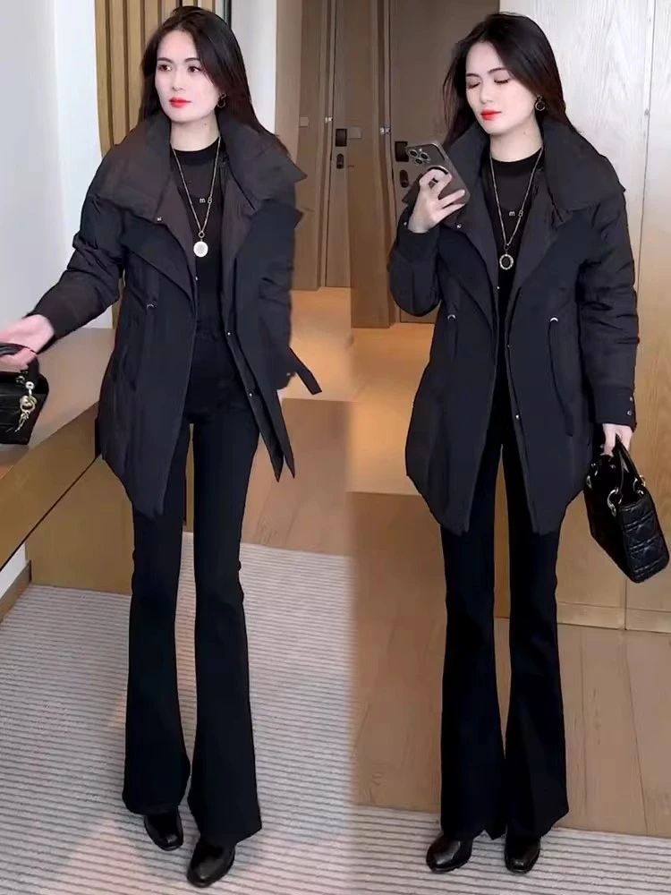 时尚棉服女2025冬季新款时髦洋气翻领收腰显瘦中长款加厚保暖棉袄
