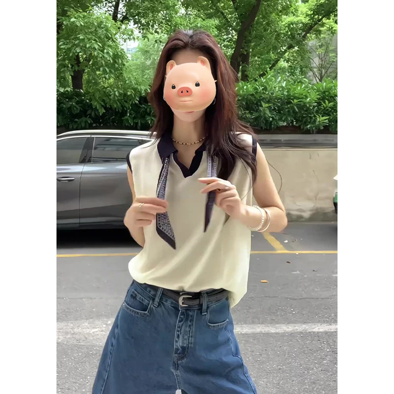 撞色翻领丝巾系带莱赛尔冰丝针织背心女夏季外穿修身短款无袖上衣
