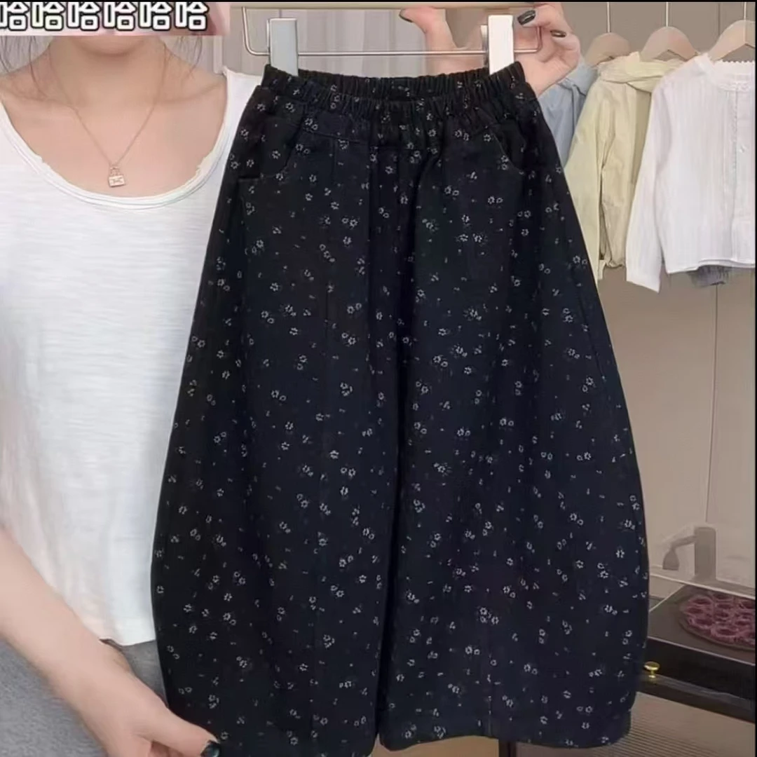 碎花休闲裤黑色韩版花边皮筋腰带森系休闲裤