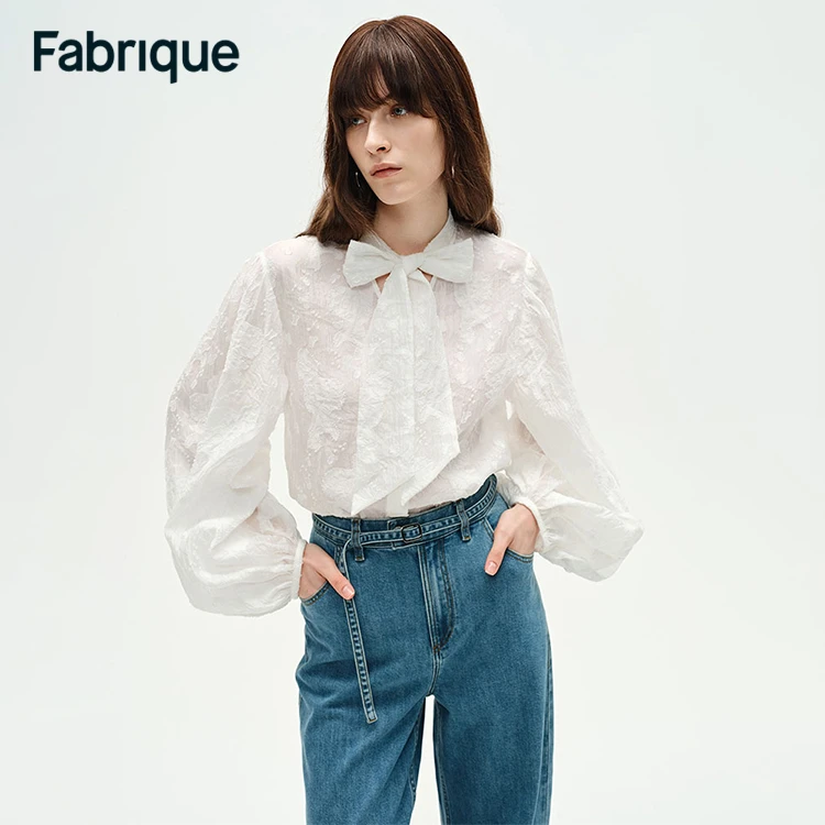 【Fabrique】 早春新款羽落芍药剪花透视提花飘带宽松法式衬衫