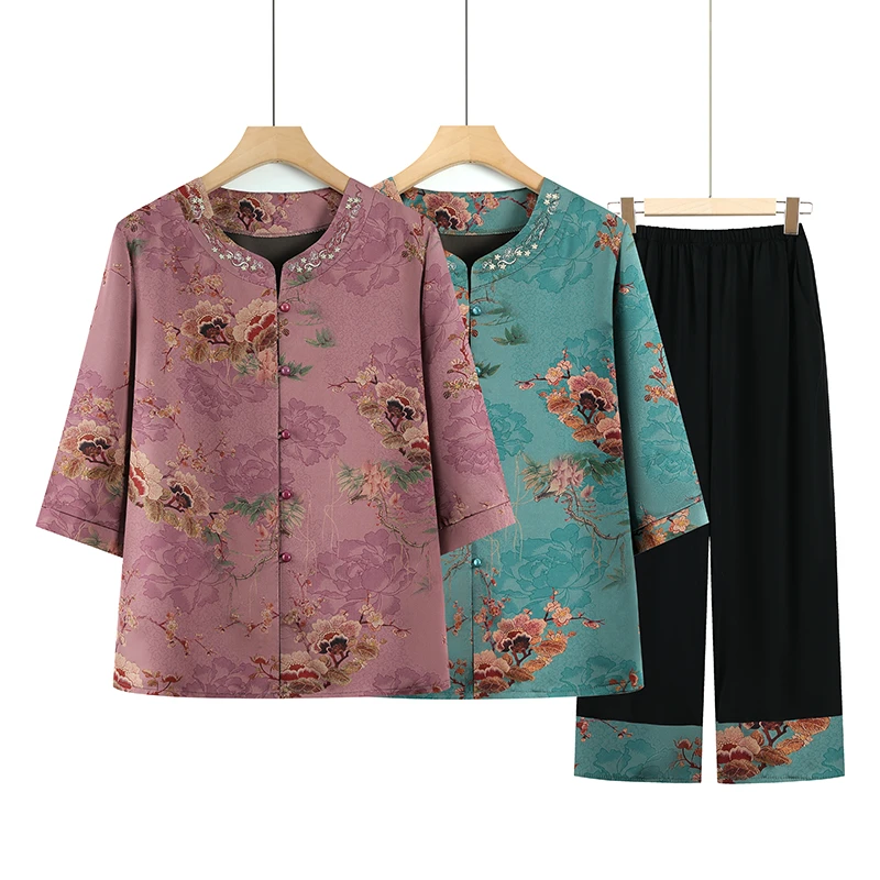 奶奶装夏装衬衫女新款老人太太衣服70岁80夏季衬衣老年人妈妈套装