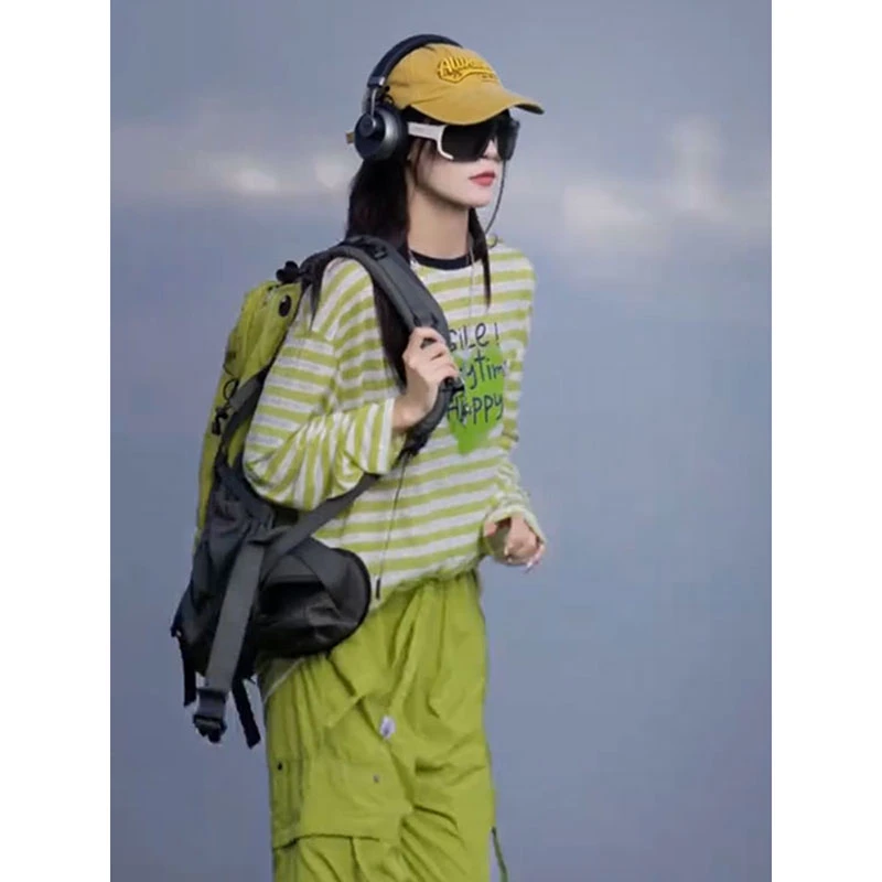 美式户外防晒罩衫条纹T恤女2025秋季新款圆领套头字母印花打底衫