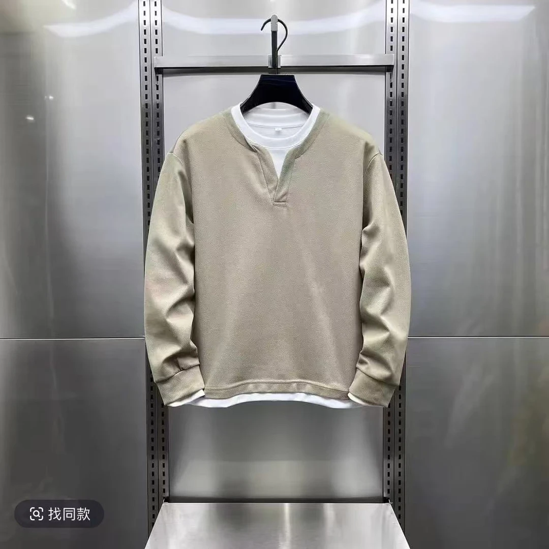 2025新款春季圆领套头卫衣简约时尚潮流百搭假俩件长袖休闲上衣男