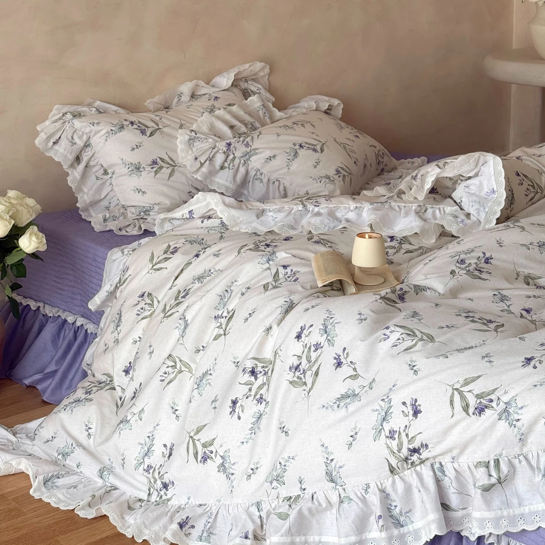 【鸢尾花】法式浪漫全棉碎花蕾丝花边四件套