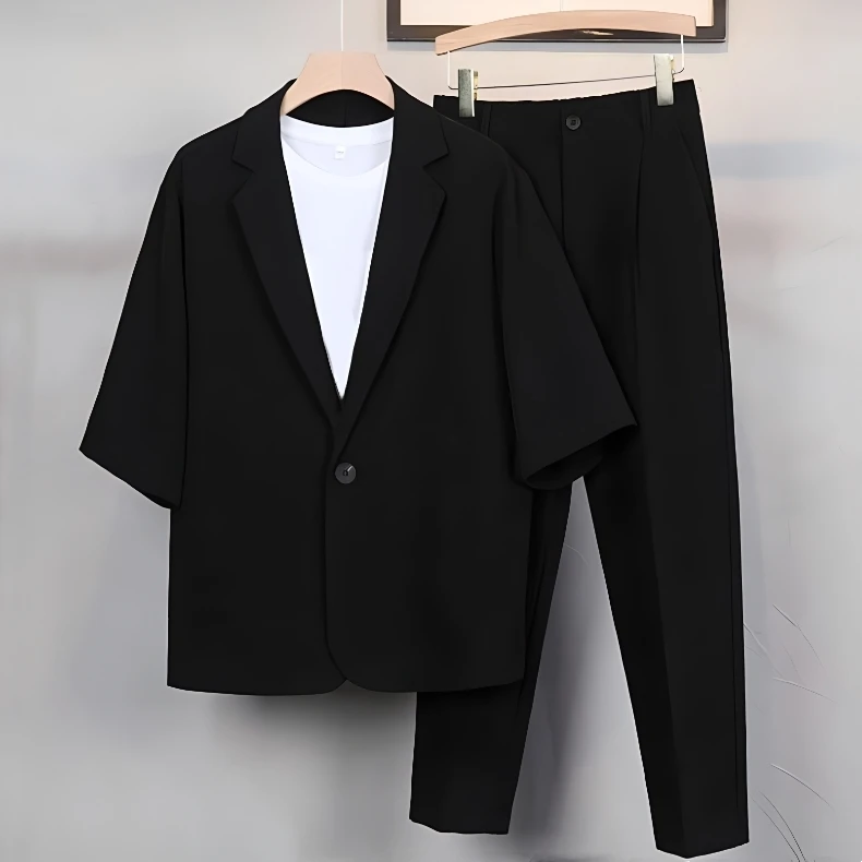 【三件套】帅气大码休闲西服套装男士轻熟风西装+内搭T恤+冰丝长裤