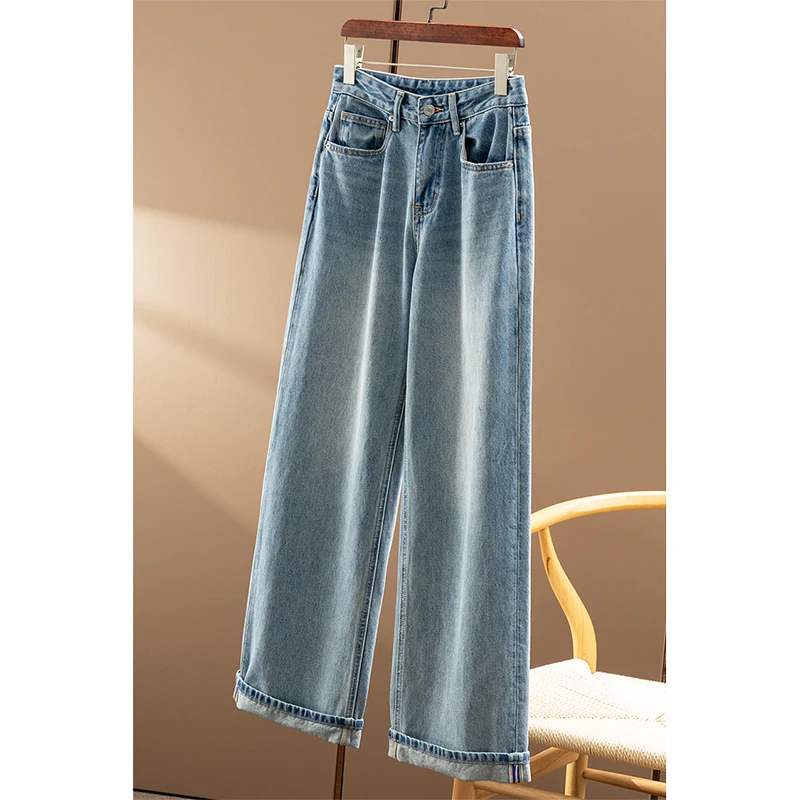 春天家 早秋 显瘦男友风 法G腔调卷边100棉直筒牛仔裤女76C1 特