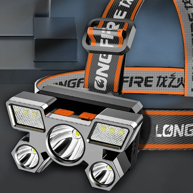 强光远射头灯LED五头飞机灯usb充电头戴式防水探照灯户外矿灯