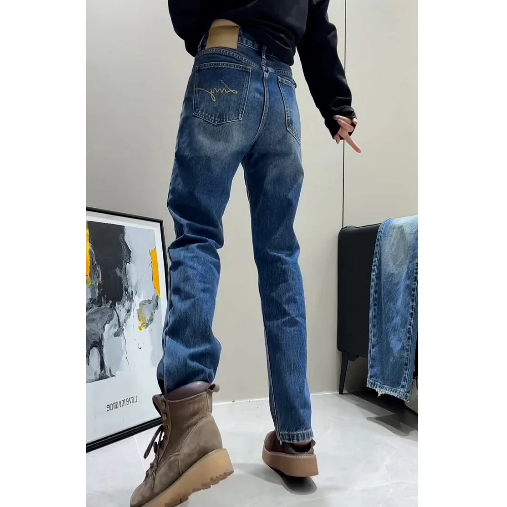 蓝色弹力窄版直筒牛仔裤女2025秋季梨形身材大码高腰修身显瘦长裤