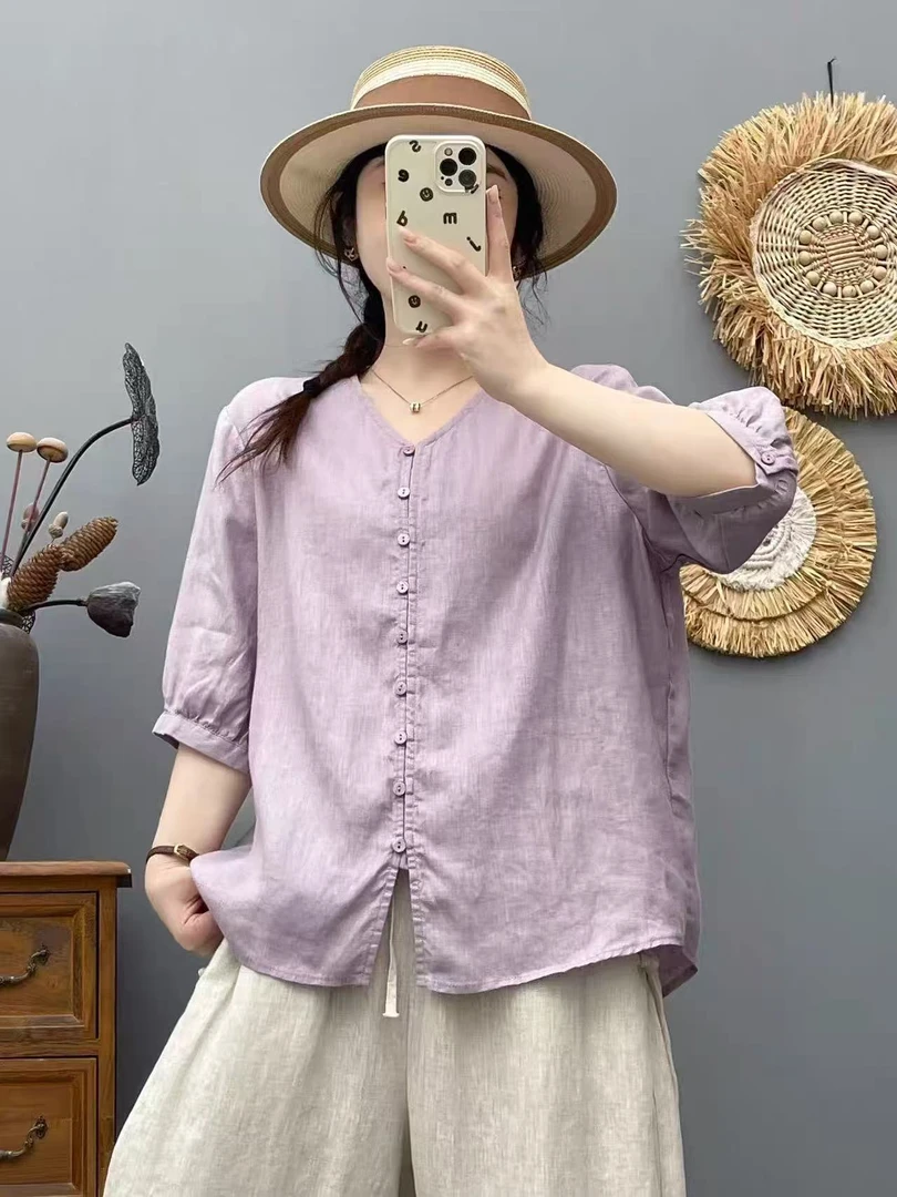 100%亚麻雨露麻夏季圆领衬衫女装衬衣春夏文艺休闲净版