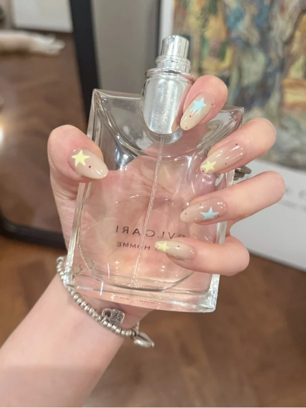 1033夏日繁星拍拍胶手绘美甲星星纯手工穿戴甲杏仁短可反复佩戴