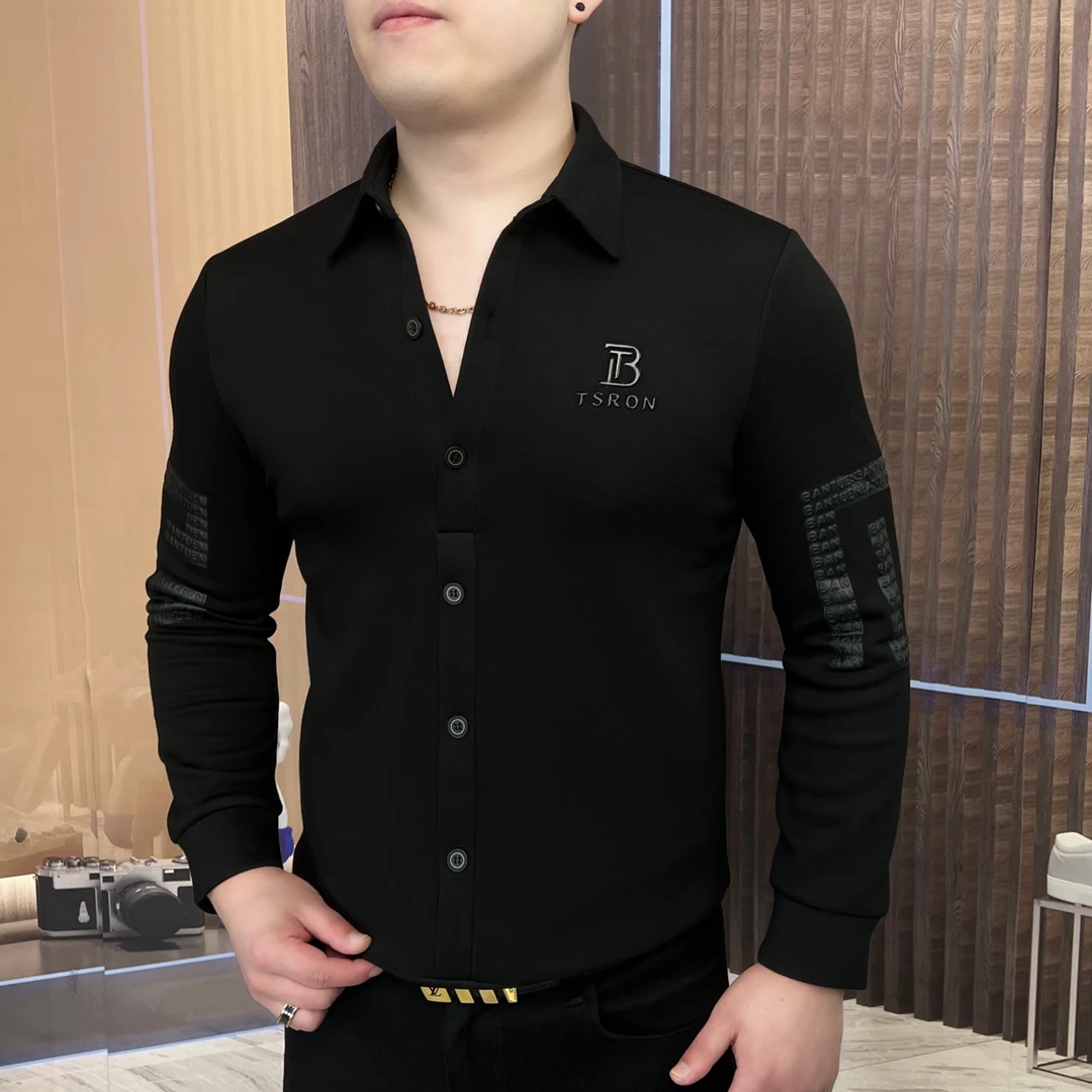 男士翻领卫衣加厚加绒时尚潮流男装字母拼接弹力黑色CLY-22