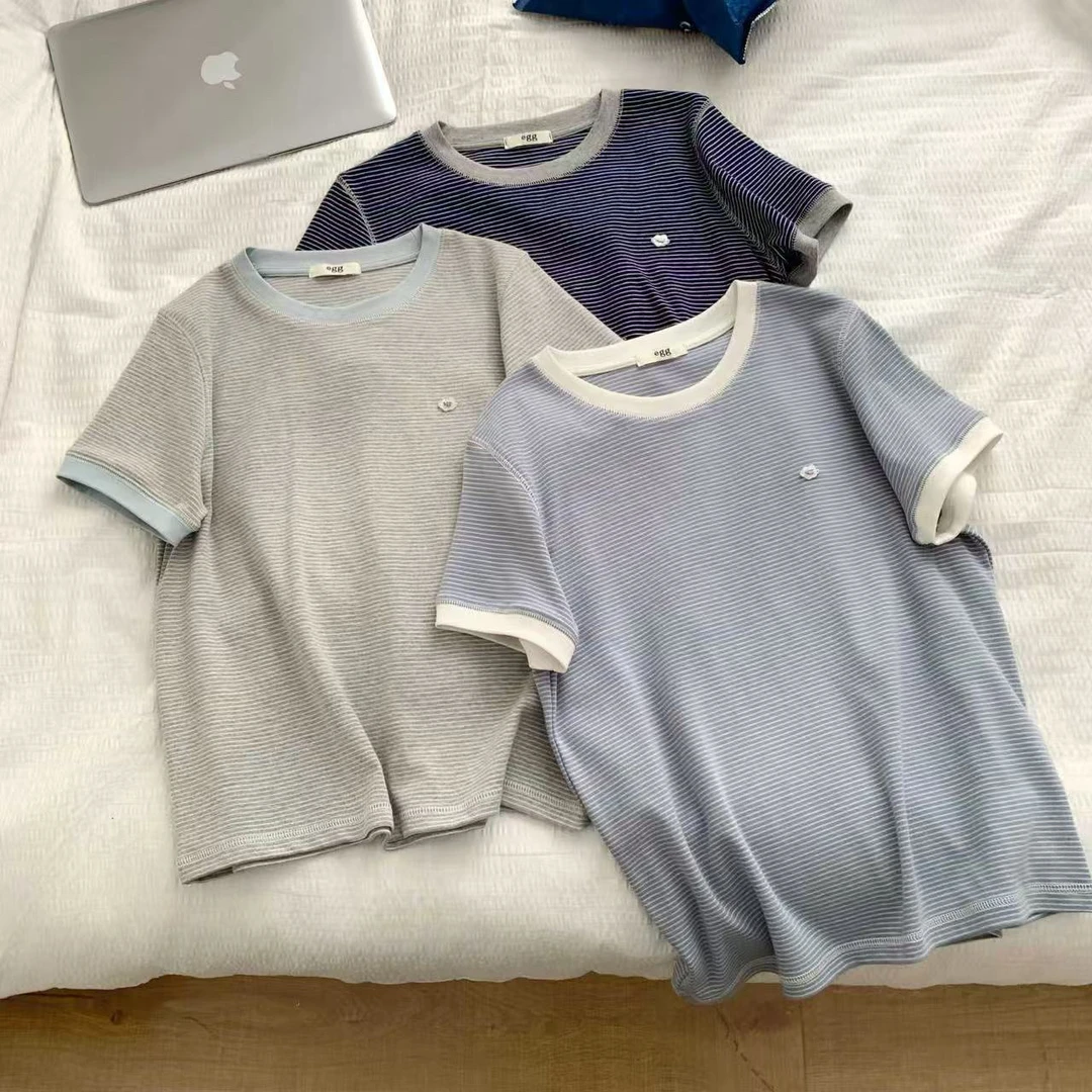 7966【夏款】时尚休闲百搭条纹圆领韩版显瘦简约短袖