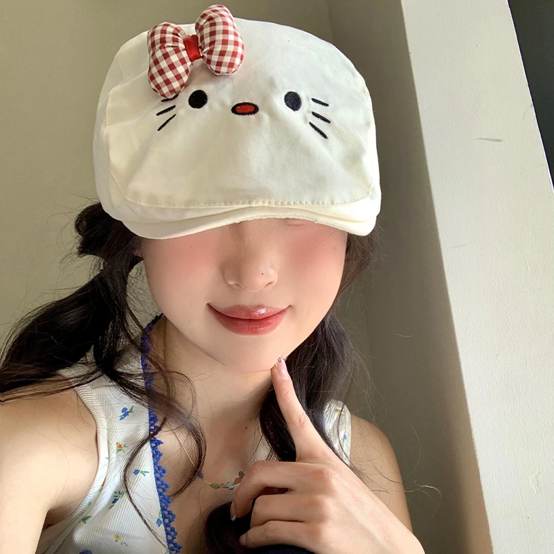可爱蝴蝶结猫咪前进帽女春夏季薄款韩版百搭反戴前进帽显脸小帽子