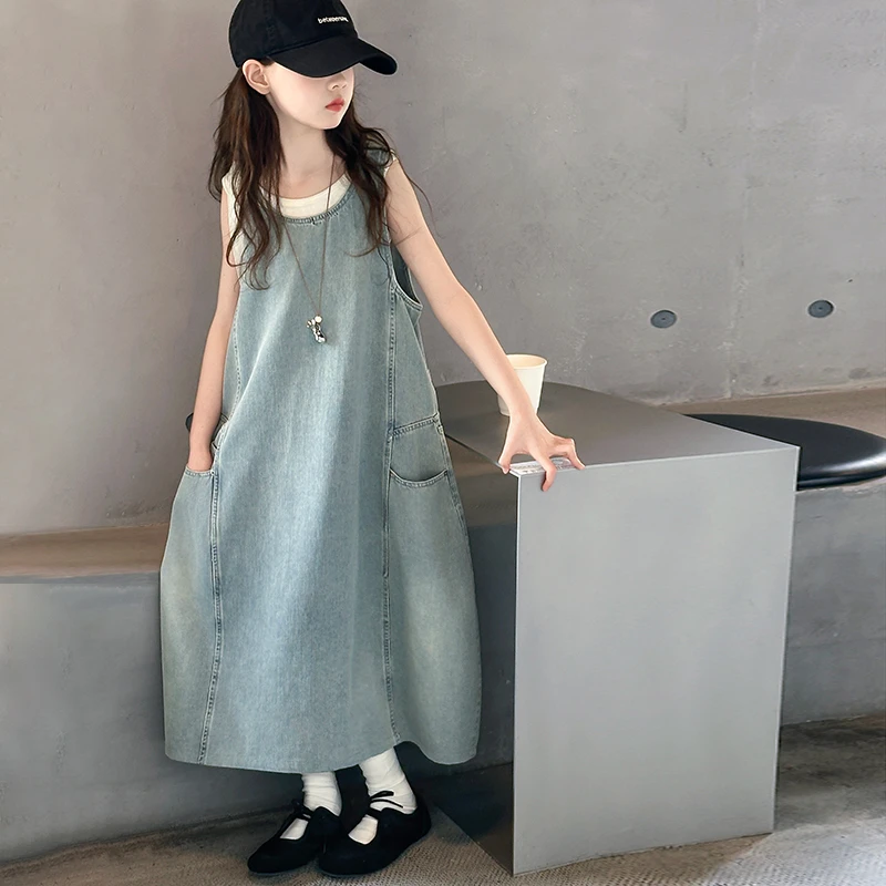 女童连衣裙夏季无袖牛仔背心长裙6-12岁洋气时尚大童宽松15岁裙子