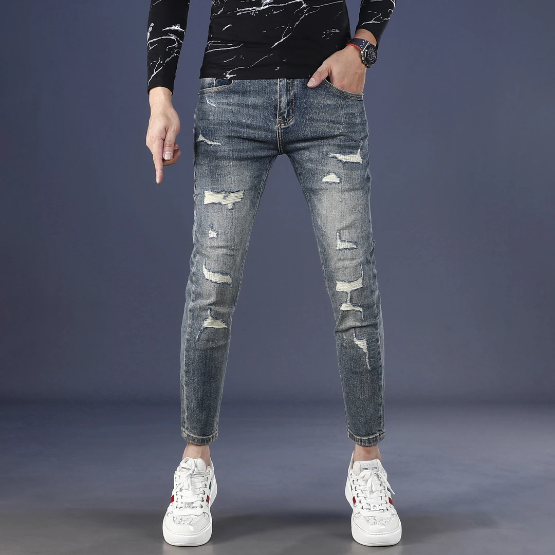 欧货水洗破洞牛仔裤男款爆款2025新款秋冬季修身小脚弹力九分裤男