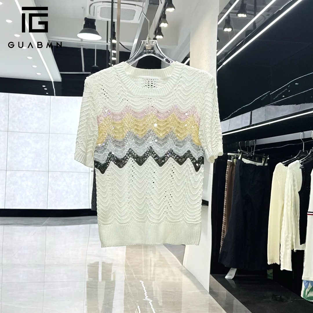 GUABMN2025夏季新款彩虹条纹镂空针织短袖T恤夏日穿搭5075