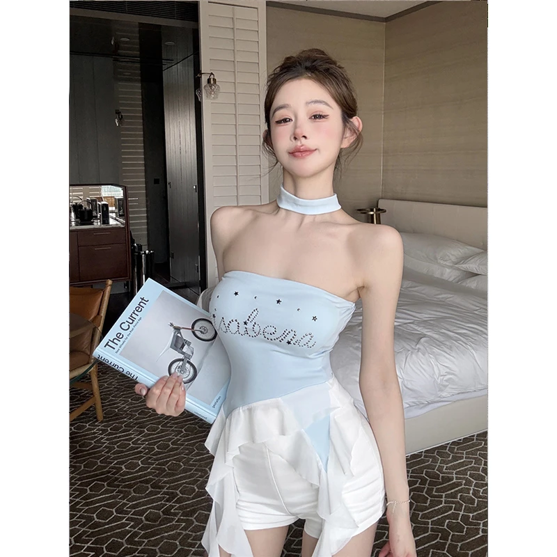 纯欲辣妹烫钻抹胸背心带胸垫不规则荷叶边外穿上衣短裤时尚两件套