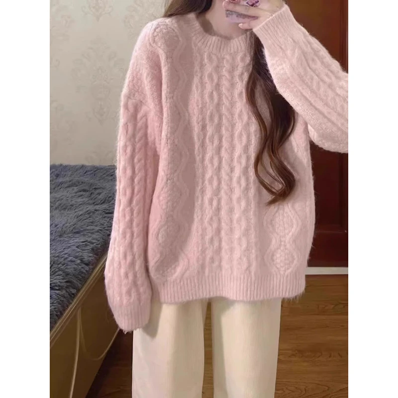特大码300斤慵懒风粉色麻花针织毛衣胖MM韩系软糯高级感打底上衣