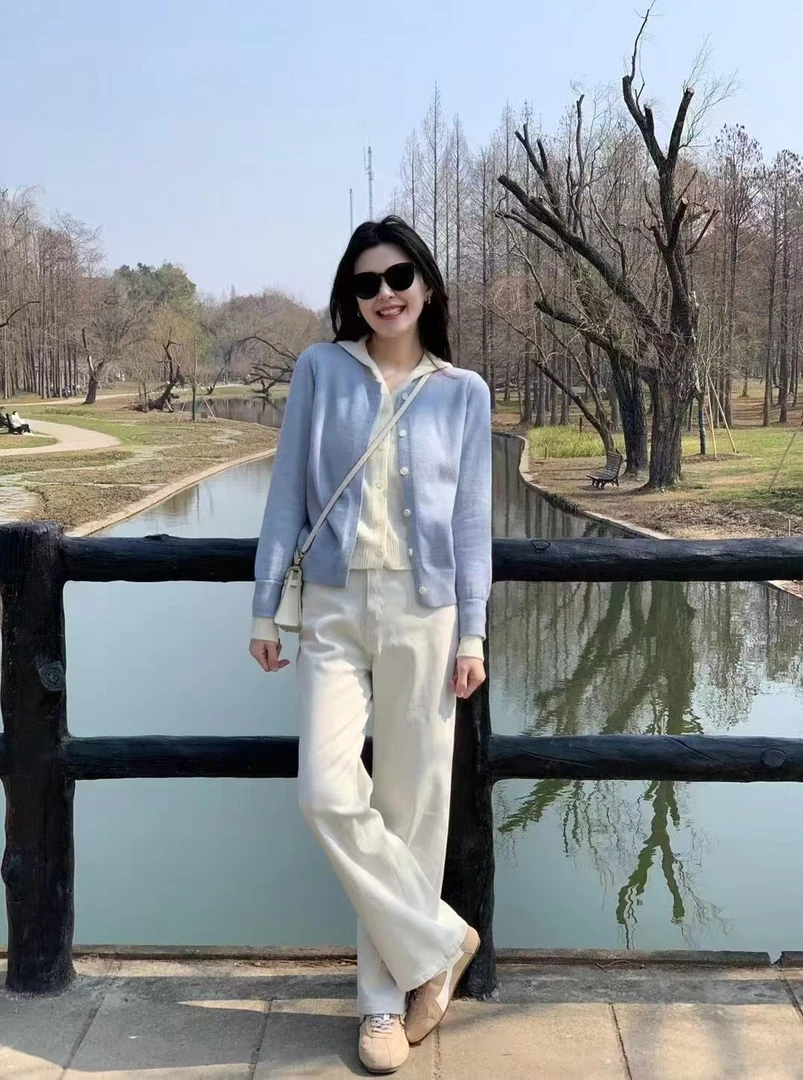 2025早春新款韩系气质连帽假两件针织衫女高腰百搭休闲裤两件套装