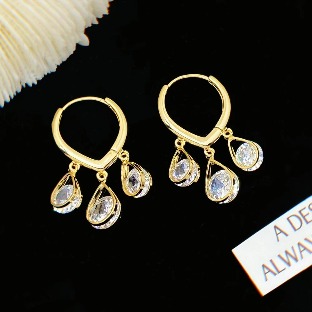 铜合金合成锆石耳饰 竹影婆娑KL246水滴形耳环复古法式个性金色