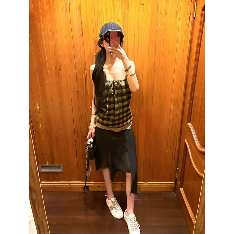 复古辣妹风设计感格纹抹胸松紧系带上衣不规则拼接百搭半身裙两件