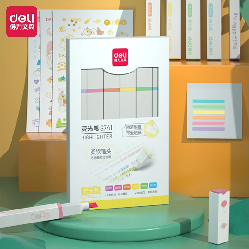 得力彩色荧光笔彩笔标记涂鸦重点高颜值手账彩色笔划重点笔小学生