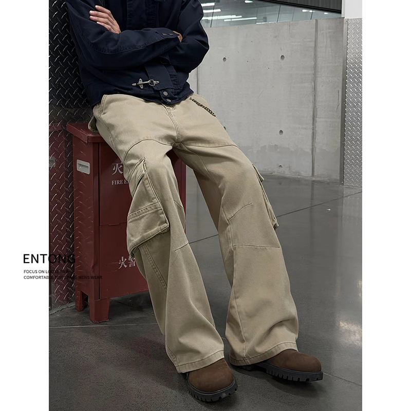 Entong日系解构设计休闲裤男款多口袋复古工装阔腿裤宽松痞帅裤子