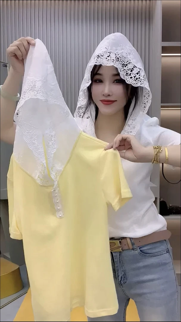 蕾丝拼接连帽短袖T恤女欧货2025夏新款修身显瘦洋气百搭减龄上衣