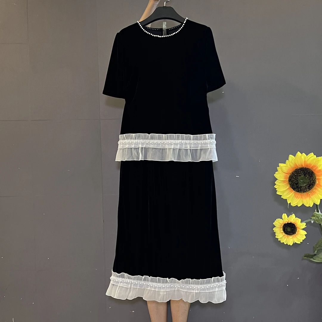 新款时尚高级感圆钉钉珠上衣搭配松紧腰半身裙气质显瘦丝绒套装