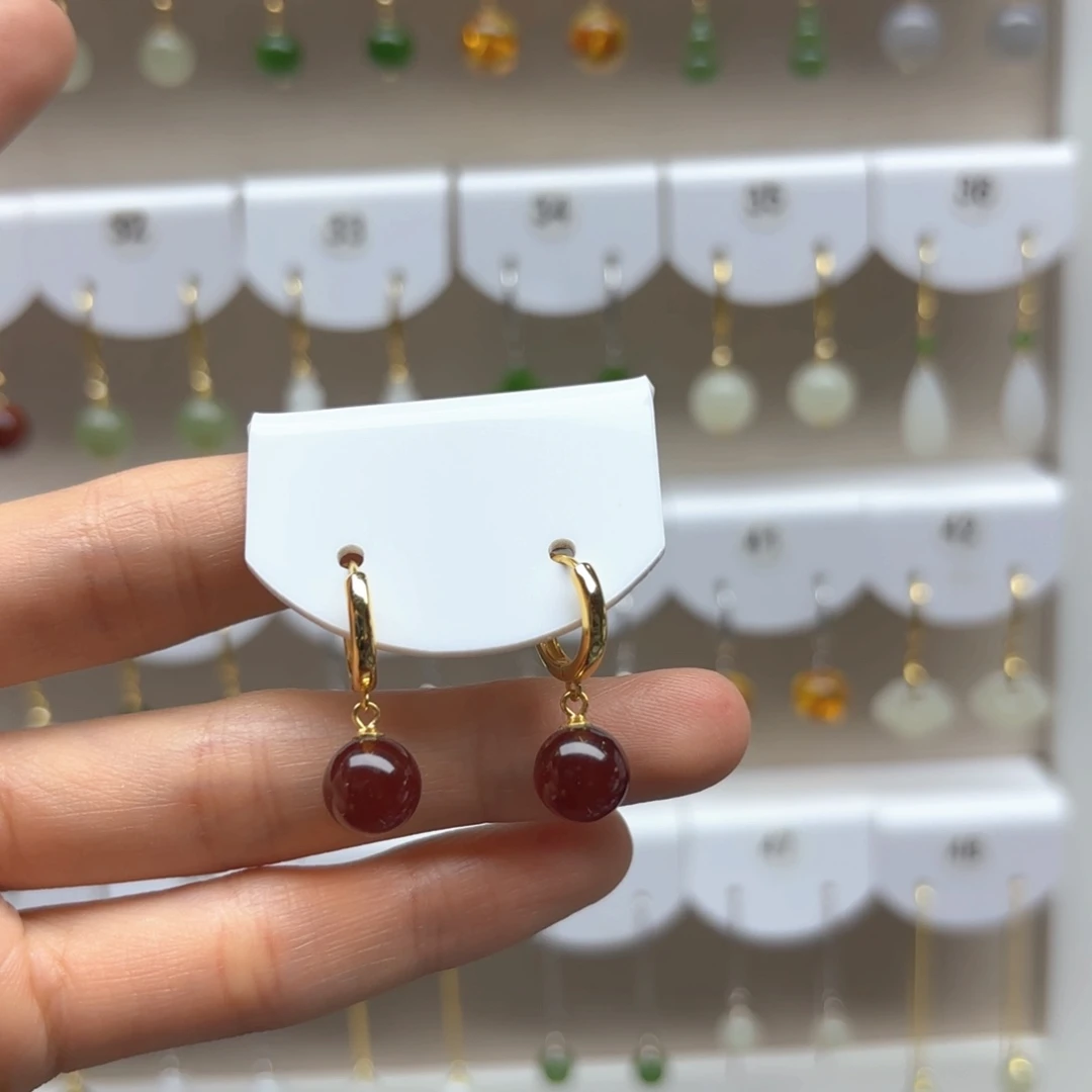 银S925镶嵌琥珀耳饰血珀