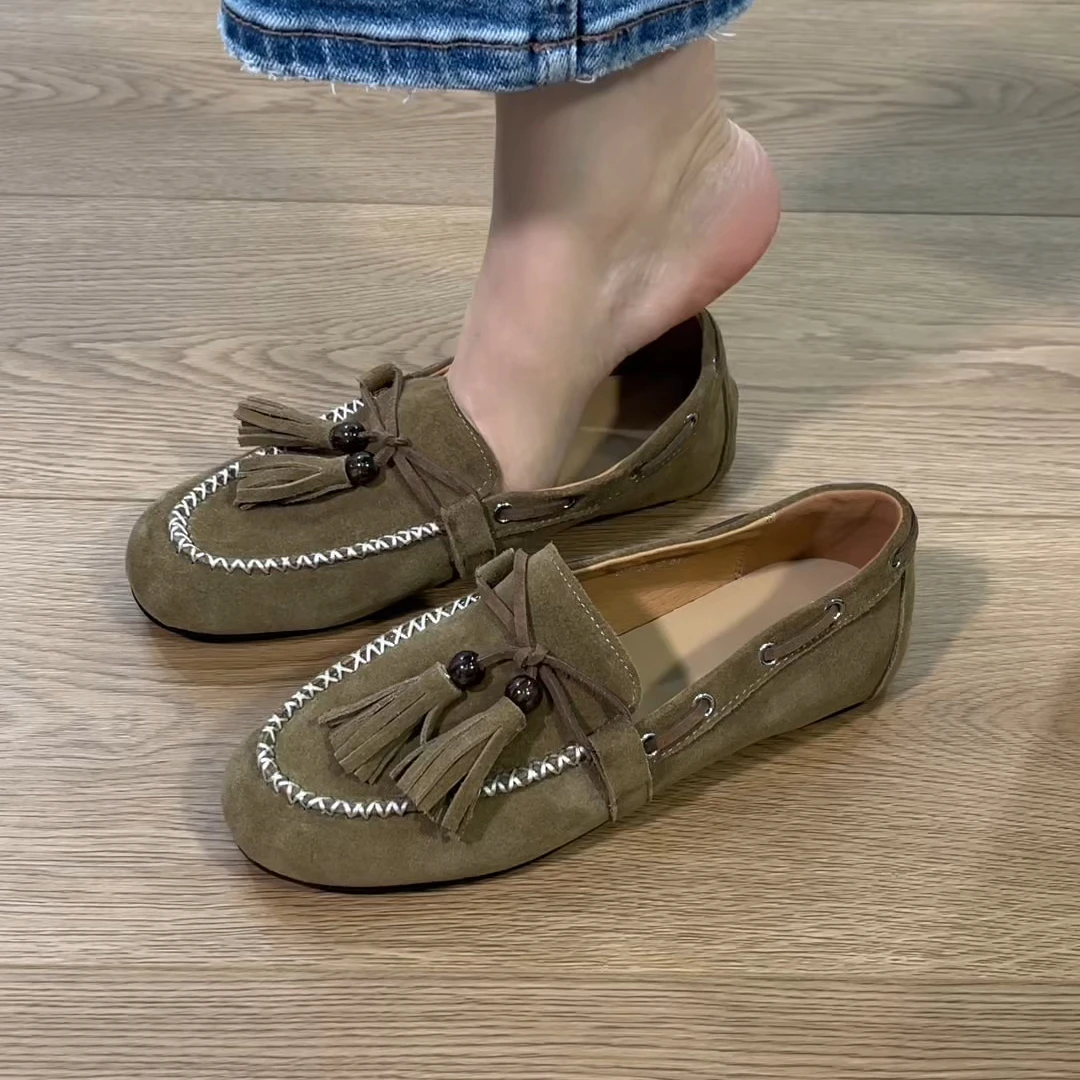2025秋季新款复古舒适软糯通勤流苏单鞋百搭真皮软底圆头乐福鞋女