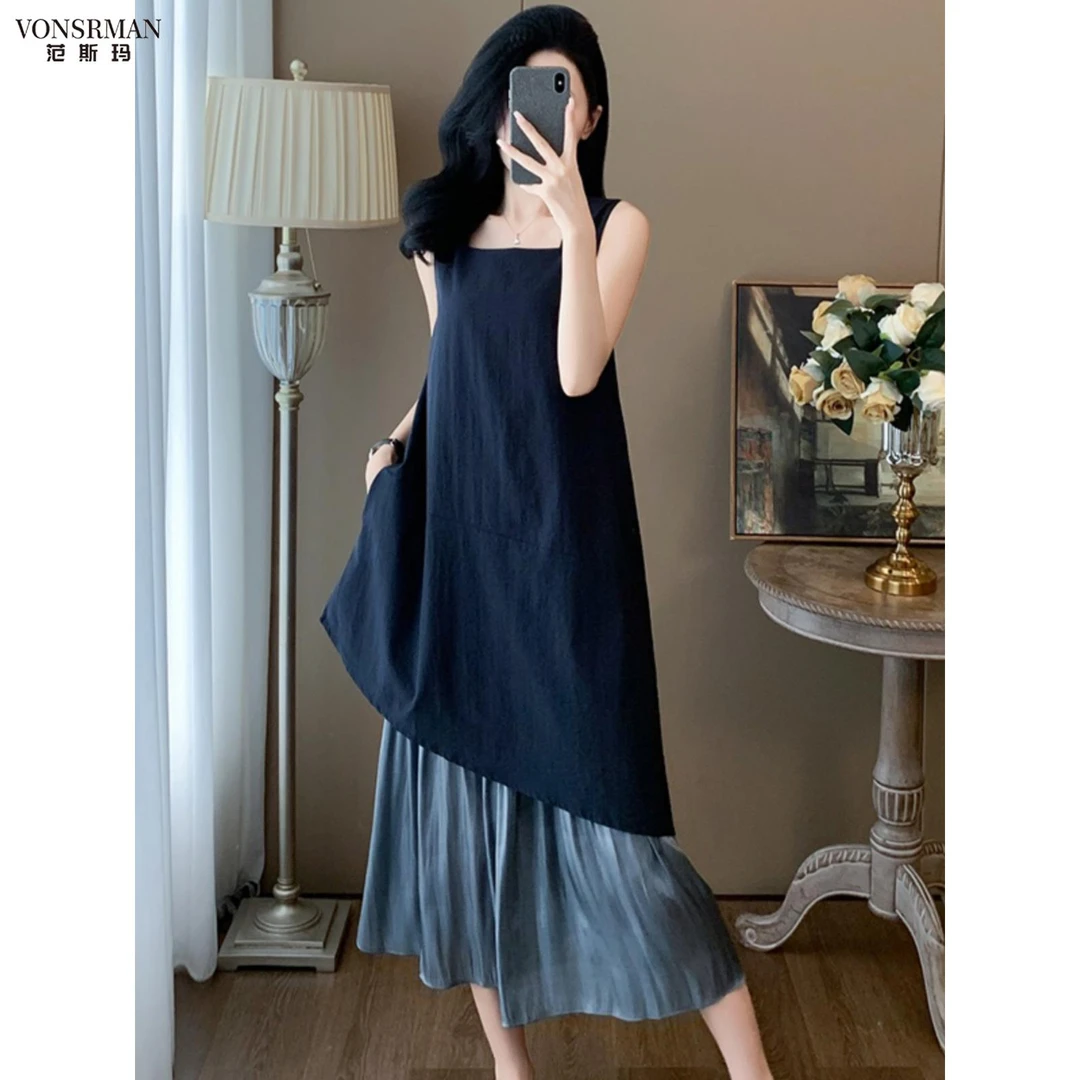 设计小众吊带连衣裙女性2025新夏季优雅拼接假两件套不对称裙时尚