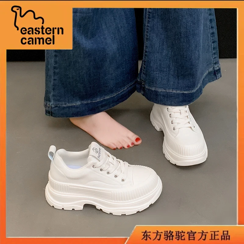 东方骆驼女鞋春季爆款潮流时尚休闲鞋女士皮面防水百搭增高小白鞋