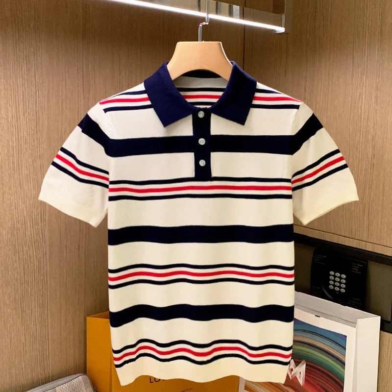 狄佛蒙特夏季时尚男装修身翻领短袖t恤商务休闲拼色条纹polo衫男