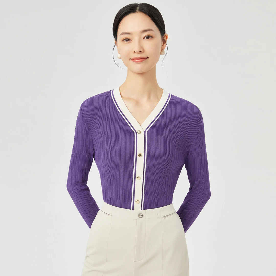 【众心专享价】修身显瘦拼接红色V领针织衫专柜同款春秋款上衣女