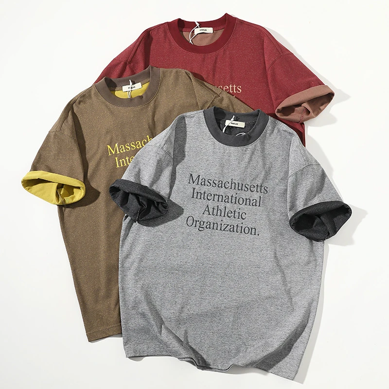 夏季韩版拼接设计感圆领短袖男女重磅宽松字母印花te简约休闲半袖