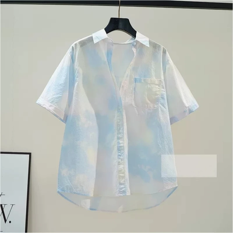 蓝粉色时尚印花衬衫女短袖2025夏季新款休闲宽松百搭洋气衬衣上衣