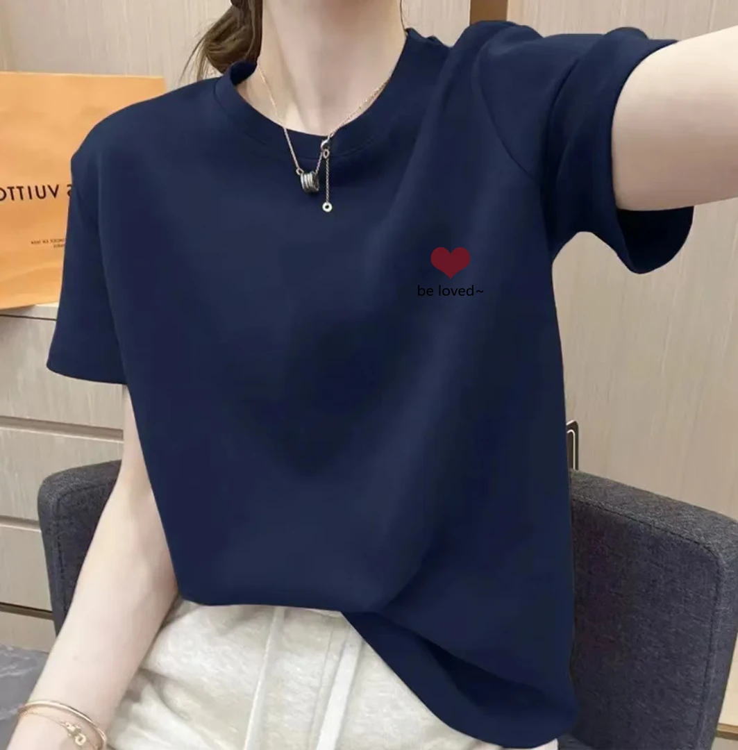 女款高街风宽松短袖显瘦休闲打底衫夏季百搭时尚藏青圆领t恤上衣