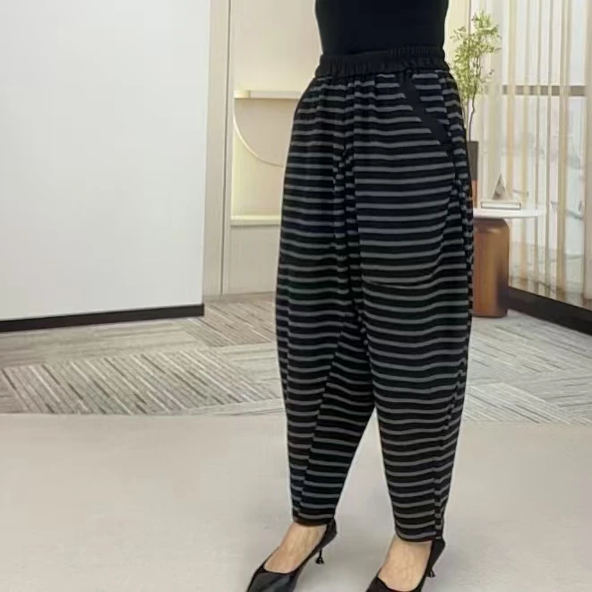 888#新款显瘦时尚百搭宽松条纹阔腿松紧腰休闲哈伦裤