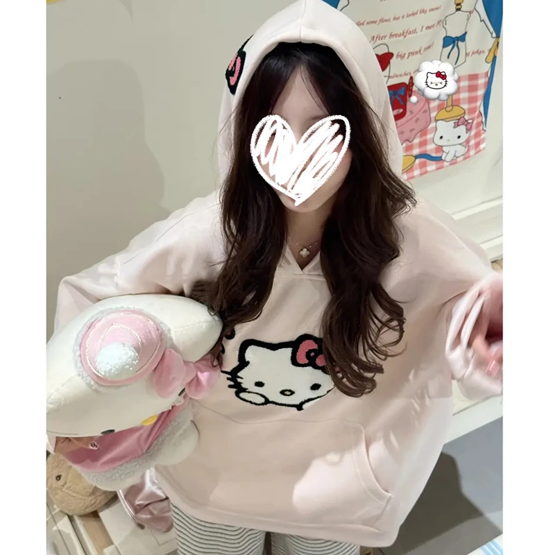 “大头kitty”空气层大帽檐卫衣毛巾绣口袋宽松长袖休闲百搭上衣