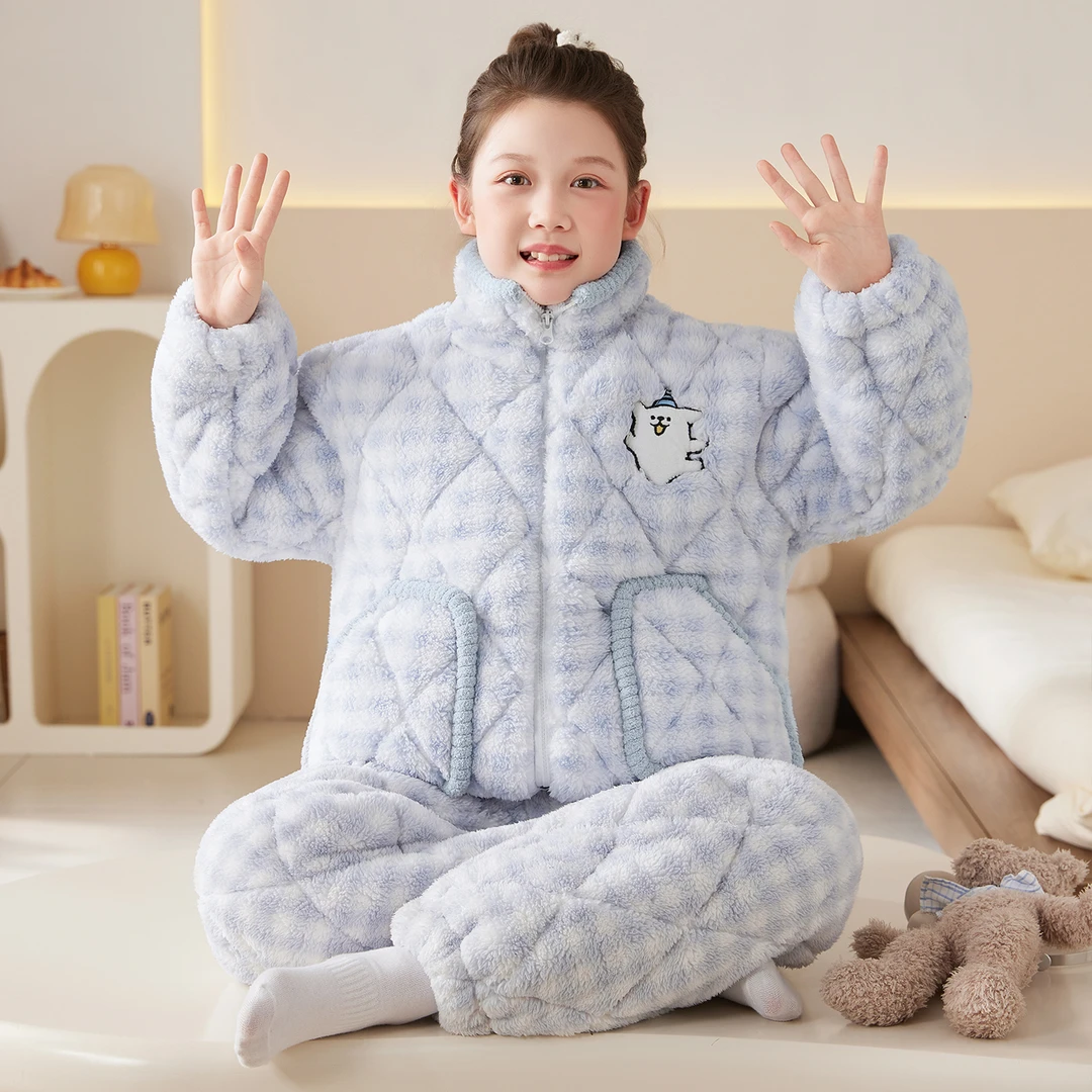 冬季新款女童睡衣珊瑚绒保暖加厚立领卡通可爱三层夹棉家居服套装