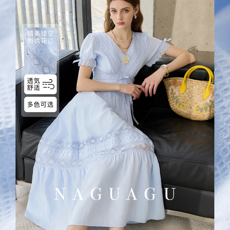 【蓝屿海湾】100棉 刺绣蕾丝花边复古茶歇裙A字短袖连衣裙夏季女