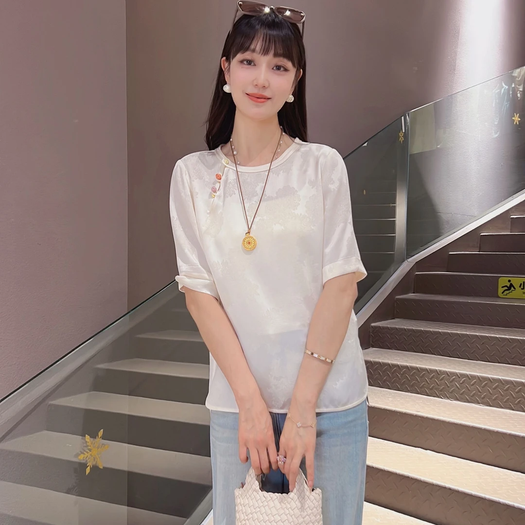 《秀秀定制》时尚夏季宽松圆领中式气质百搭T桖衬衫4860