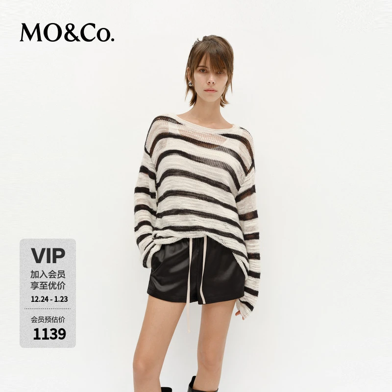 MOCO针织衫2025春新品含亚麻条纹轻柔薄款慵懒卷边落肩MBE1SWT038