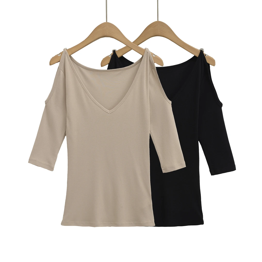 CL2575 仿天丝V领露肩短袖