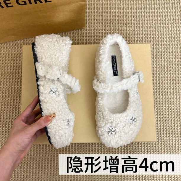 法式内增高4cm灰色毛毛鞋女外穿秋冬款加绒小个子保暖豆豆棉鞋女