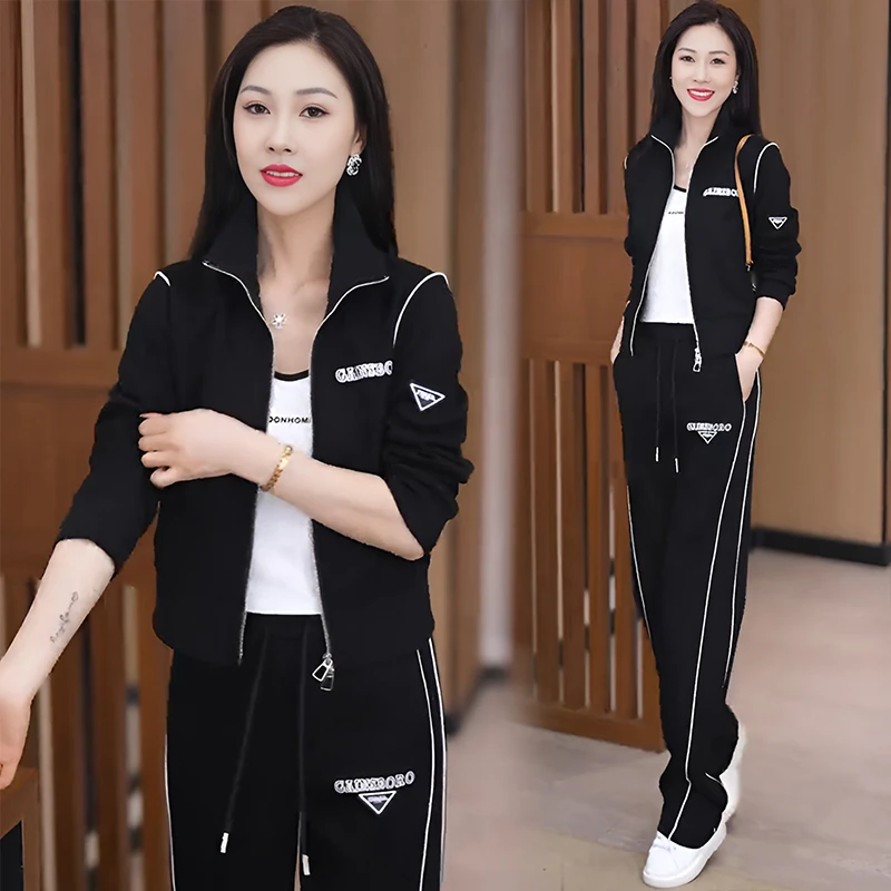 高含棉韩版运动服套装女2025年春秋新款宽松显瘦印花阔腿裤两件套