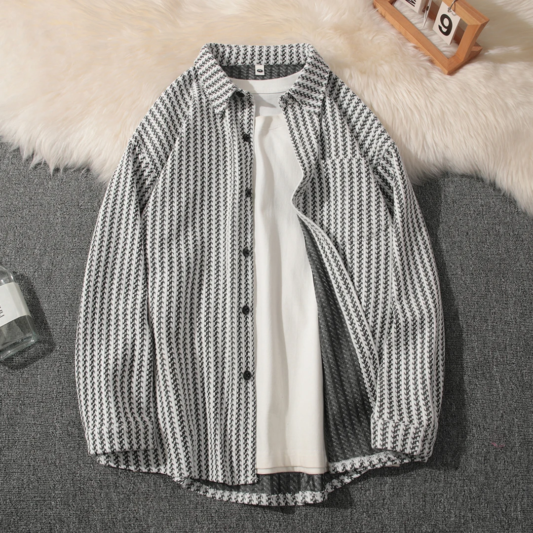 鱼骨纹加厚衬衫外套男款宽松春秋款高级感潮流条纹长袖衬衣上衣服